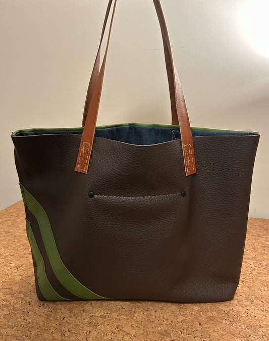 Large Tote Bag - Dark Brown + Lime Green